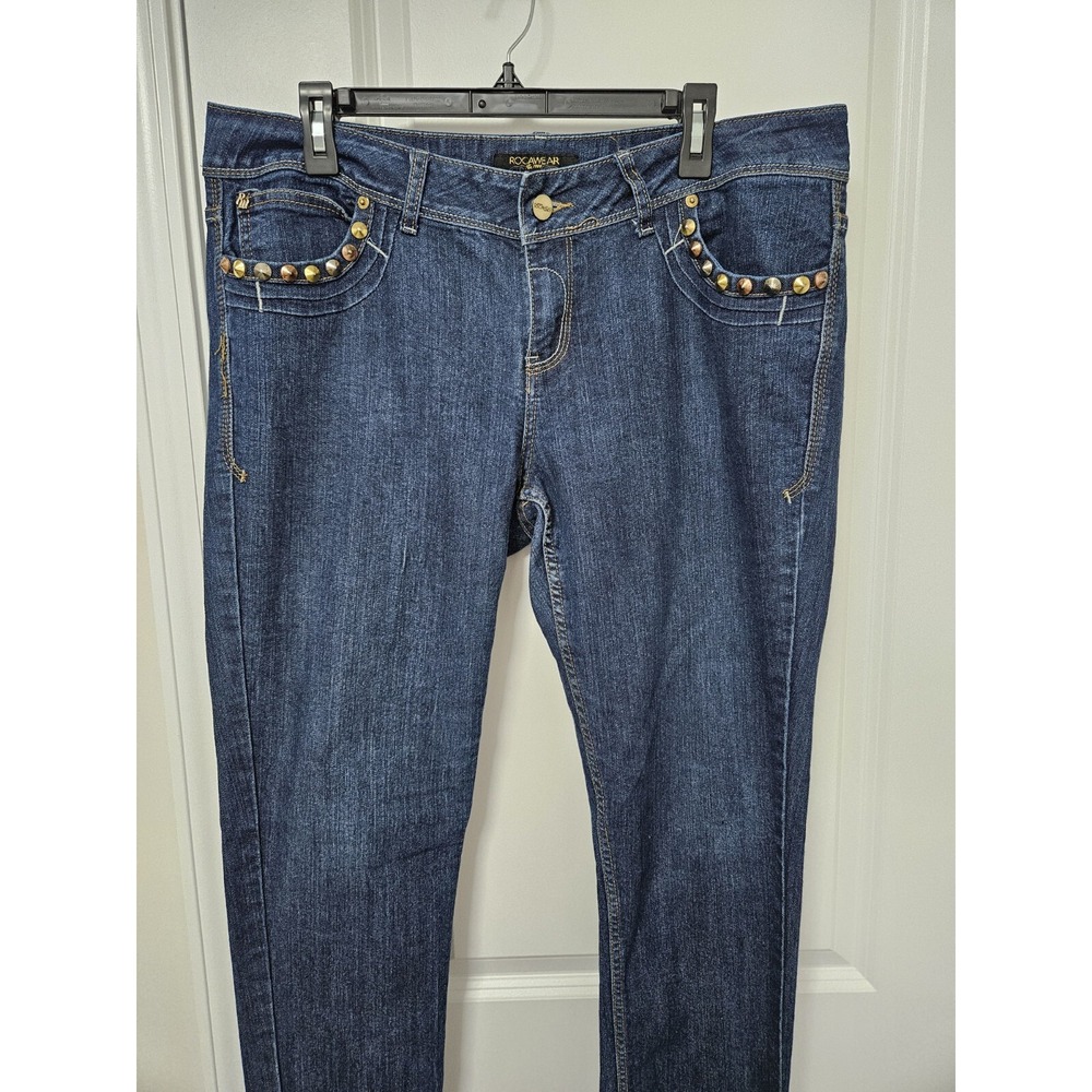 Rocawear Jeans‎ Women 16 Blue Hannah Skinny Leg Studded Dark Wash Embroidered - Picture 7 of 11